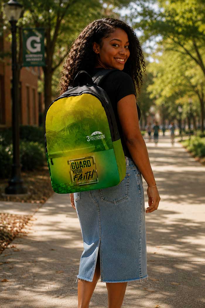 Guard Your Faith IYC 2026 backpack worn on the streets of Kingston